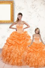 Low Price Sleeveless Floor Length Beading and Ruffles and Pick Ups Lace Up Sweet 16 Dresses with Orange