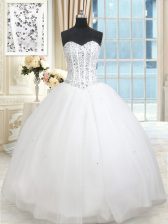 Luxury White Sleeveless Floor Length Beading and Ruffled Layers and Sequins Lace Up 15th Birthday Dress