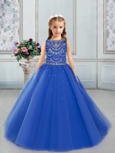  Sleeveless Tulle Floor Length Lace Up Girls Pageant Dresses in Royal Blue with Beading