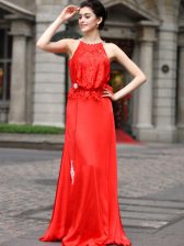  Scoop Beading and Appliques Prom Evening Gown Coral Red Zipper Sleeveless Floor Length