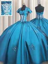 Comfortable Taffeta Sweetheart Short Sleeves Lace Up Beading and Appliques and Ruching 15th Birthday Dress in Teal