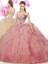  Peach Sleeveless Tulle Lace Up 15 Quinceanera Dress for Military Ball and Sweet 16 and Quinceanera
