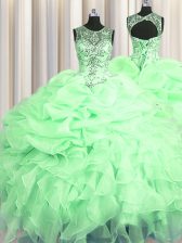  See Through Apple Green Ball Gowns Scoop Sleeveless Organza Floor Length Lace Up Beading and Ruffles and Pick Ups Quinceanera Dress