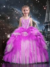Inexpensive Fuchsia Tulle Lace Up One Shoulder Sleeveless Floor Length Little Girl Pageant Dress Beading and Ruffled Layers