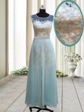  Light Blue Chiffon Backless Scoop Cap Sleeves Ankle Length Prom Gown Lace
