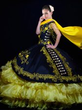 Nice Off The Shoulder Sleeveless Quinceanera Gown Floor Length Beading and Embroidery and Ruffled Layers Black Organza and Taffeta