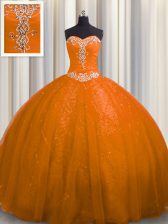Artistic Court Train Rust Red Ball Gowns Beading and Appliques 15th Birthday Dress Lace Up Tulle and Sequined Sleeveless With Train