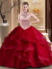  Tulle Halter Top Sleeveless Brush Train Lace Up Beading and Ruffles Sweet 16 Dress in Wine Red