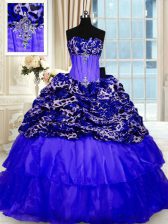 Extravagant Printed Lace Up Quinceanera Gown Royal Blue for Military Ball and Sweet 16 and Quinceanera with Beading and Ruffled Layers and Sequins Sweep Train
