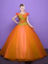  Ball Gowns Sweet 16 Dresses Orange Scoop Tulle Short Sleeves Floor Length Lace Up