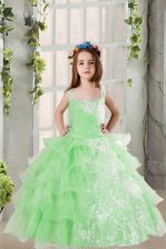  Square Sleeveless Little Girls Pageant Dress Wholesale Floor Length Lace and Ruffled Layers Apple Green Organza