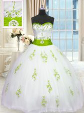 Extravagant Sleeveless Tulle Floor Length Lace Up Quinceanera Dress in White with Appliques and Belt