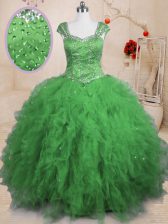 Most Popular Sweet 16 Dresses Military Ball and Sweet 16 and Quinceanera with Beading and Ruffles Square Cap Sleeves Lace Up