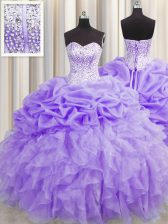  Visible Boning Lavender Organza Lace Up Sweetheart Sleeveless Floor Length Sweet 16 Dress Beading and Ruffles and Pick Ups