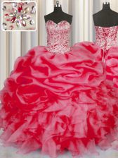  Floor Length Lace Up Ball Gown Prom Dress Coral Red for Military Ball and Sweet 16 and Quinceanera with Beading and Ruffles and Pick Ups