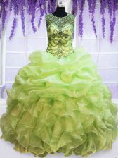  Scoop Floor Length Lace Up Sweet 16 Dresses Yellow Green for Military Ball and Sweet 16 and Quinceanera with Beading and Pick Ups