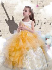  Orange Organza Lace Up Scoop Sleeveless Floor Length Little Girl Pageant Dress Beading and Ruffles