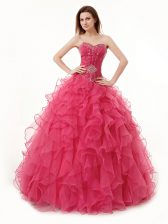 Ideal Coral Red Sleeveless Beading and Ruffles Floor Length Quince Ball Gowns
