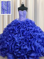 Romantic Visible Boning Royal Blue Ball Gowns Sweetheart Sleeveless Organza Floor Length Lace Up Beading and Ruffles Quinceanera Dress