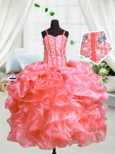 Stunning Watermelon Red Organza Lace Up Little Girl Pageant Gowns Sleeveless Floor Length Beading and Ruffles