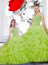  Yellow Green Ball Gowns Beading and Ruffles and Pick Ups 15 Quinceanera Dress Lace Up Organza Sleeveless Floor Length