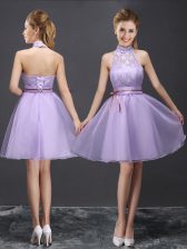 Artistic Lavender A-line Halter Top Sleeveless Organza Mini Length Lace Up Lace and Belt Dama Dress for Quinceanera