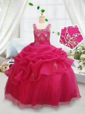 Custom Made Square Hot Pink Ball Gowns Beading and Pick Ups Kids Pageant Dress Zipper Organza Sleeveless Floor Length