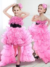  Straps Sleeveless Organza High Low Zipper Flower Girl Dresses for Less in Rose Pink with Beading and Ruffles and Belt