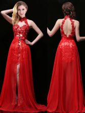 Flare Halter Top Sleeveless Brush Train Lace and Sashes ribbons Backless Prom Party Dress