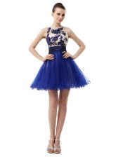 Attractive Royal Blue Organza Clasp Handle Scoop Sleeveless Knee Length Dress for Prom Appliques