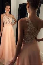  One Shoulder Sleeveless Chiffon Sweep Train Side Zipper Prom Gown in Peach with Beading and Lace