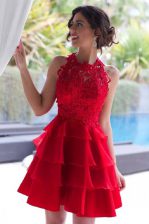  Red A-line Halter Top Sleeveless Tulle Knee Length Zipper Lace and Ruffled Layers 