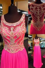 Dramatic Scoop Hot Pink Elastic Woven Satin Side Zipper Dress for Prom Sleeveless With Brush Train Beading