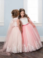 Latest Watermelon Red and Baby Pink Scoop Neckline Beading and Lace and Belt Little Girls Pageant Gowns Sleeveless Lace Up