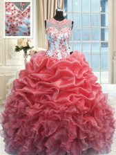  Scoop Watermelon Red Sleeveless Organza Zipper Vestidos de Quinceanera for Military Ball and Sweet 16 and Quinceanera