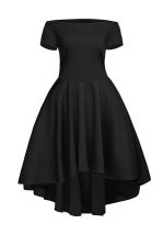  Black A-line Ruching Prom Evening Gown Side Zipper Satin Short Sleeves Tea Length