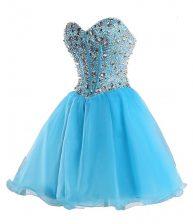 Chic Blue Ball Gowns Beading Prom Dress Lace Up Organza Sleeveless Mini Length