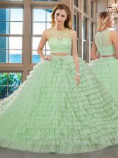 Fancy Apple Green Scoop Neckline Beading and Ruffled Layers Ball Gown Prom Dress Sleeveless Zipper