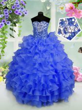  Royal Blue Lace Up Little Girls Pageant Dress Ruffled Layers and Sequins Sleeveless Floor Length