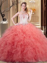  Strapless Sleeveless Quinceanera Gowns Floor Length Embroidery and Ruffled Layers Watermelon Red and Orange Organza