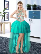 Simple Turquoise Tulle Lace Up Halter Top Sleeveless High Low Prom Party Dress Embroidery and Pick Ups
