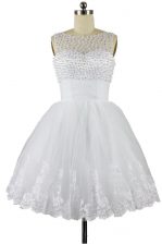  White A-line Organza Bateau Sleeveless Beading and Appliques Knee Length Zipper Prom Party Dress