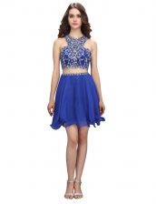 Affordable Scoop Royal Blue Criss Cross Evening Dress Beading Sleeveless Knee Length