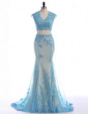  Blue Mermaid V-neck Sleeveless Tulle With Brush Train Zipper Lace Prom Evening Gown