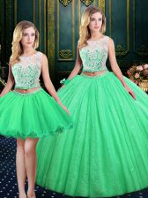 Sexy Three Piece Scoop Tulle and Sequined Lace Up Sweet 16 Dresses Sleeveless Floor Length Lace and Sequins