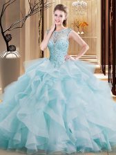 Fashion Scoop Sleeveless Beading and Ruffles Lace Up Quinceanera Dress with Light Blue Brush Train