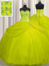  Really Puffy Yellow Green Ball Gowns Beading Quinceanera Dresses Lace Up Tulle Sleeveless Floor Length