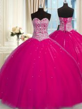 Flirting Halter Top Sequins Fuchsia Sleeveless Tulle Lace Up Quinceanera Dresses for Military Ball and Sweet 16 and Quinceanera