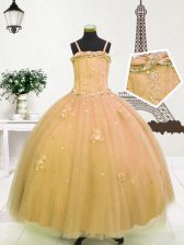 Amazing Floor Length Light Yellow and Gold Child Pageant Dress Spaghetti Straps Sleeveless Zipper