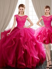  Three Piece Hot Pink Quinceanera Gowns Military Ball and Sweet 16 and Quinceanera with Beading and Appliques and Ruffles Scoop Cap Sleeves Brush Train Lace Up